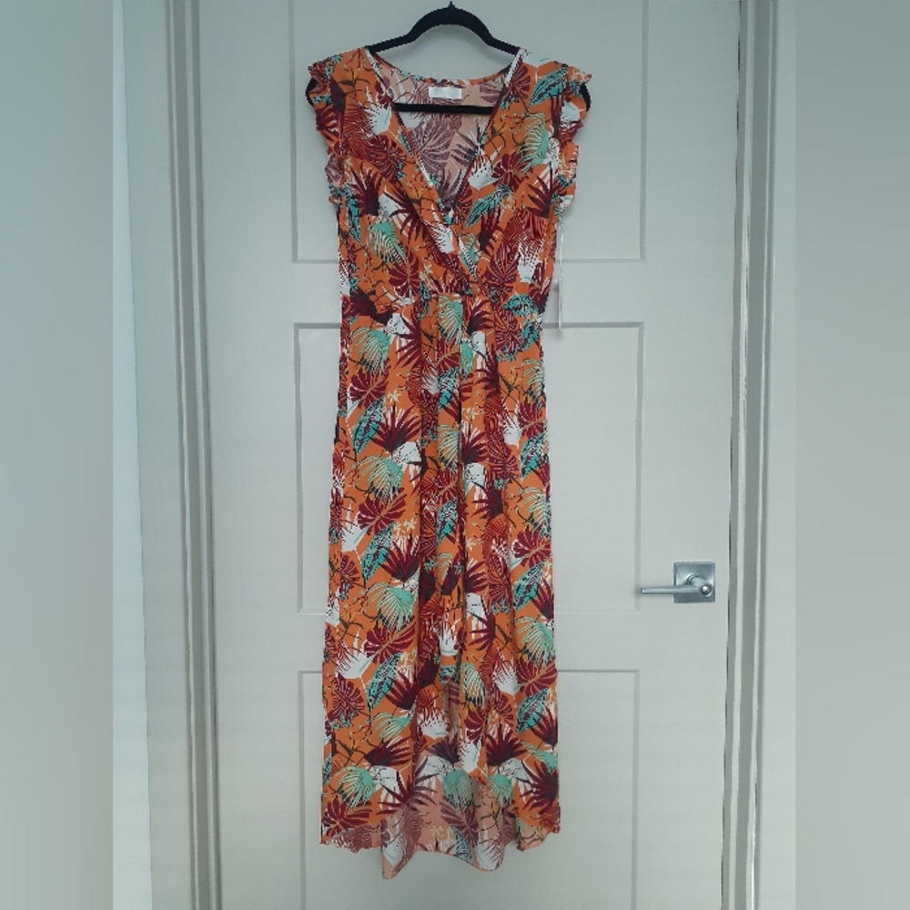 Tropical Print Faux Wrap Dress
